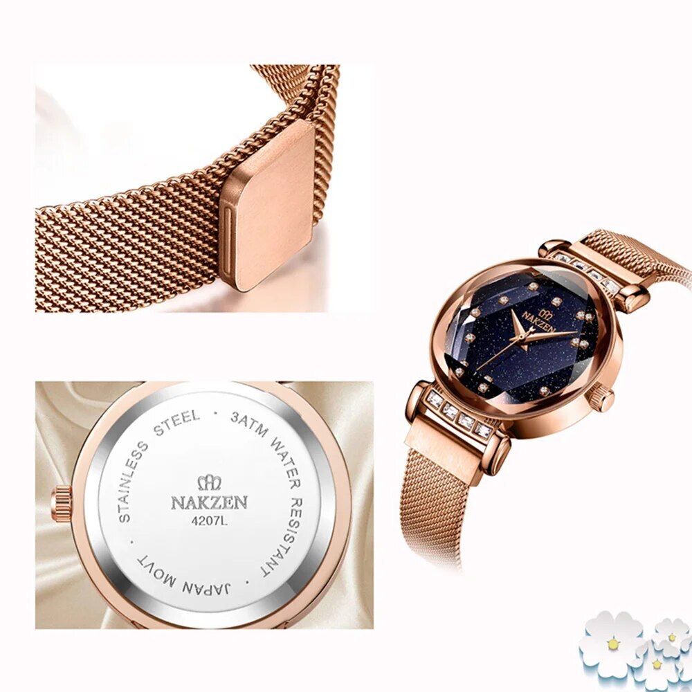 NAKZEN Women Diamond Elegant Starry Sky Watches Ladies Creative Roman Fashion Waterproof Quartz Watch Clock relogio feminino