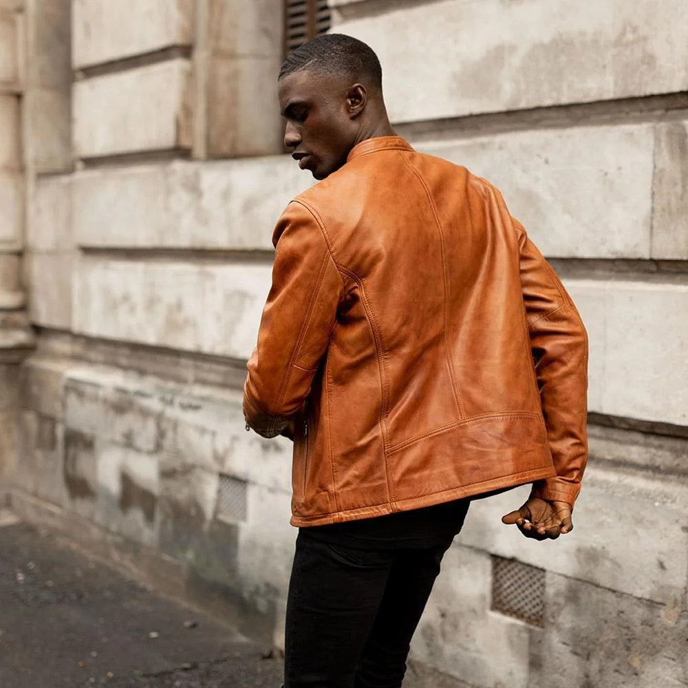 Burton Mandarin Collar Leather Jacket, Chestnut