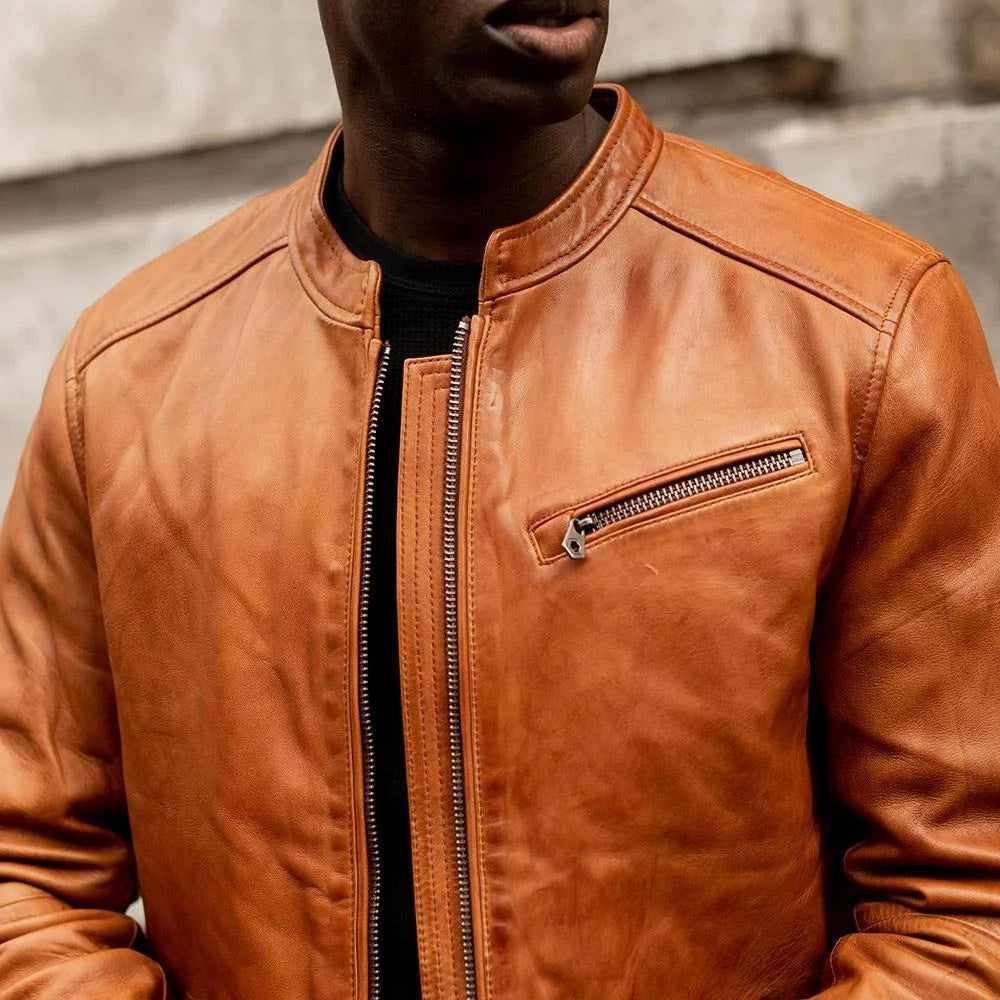 Burton Mandarin Collar Leather Jacket, Chestnut