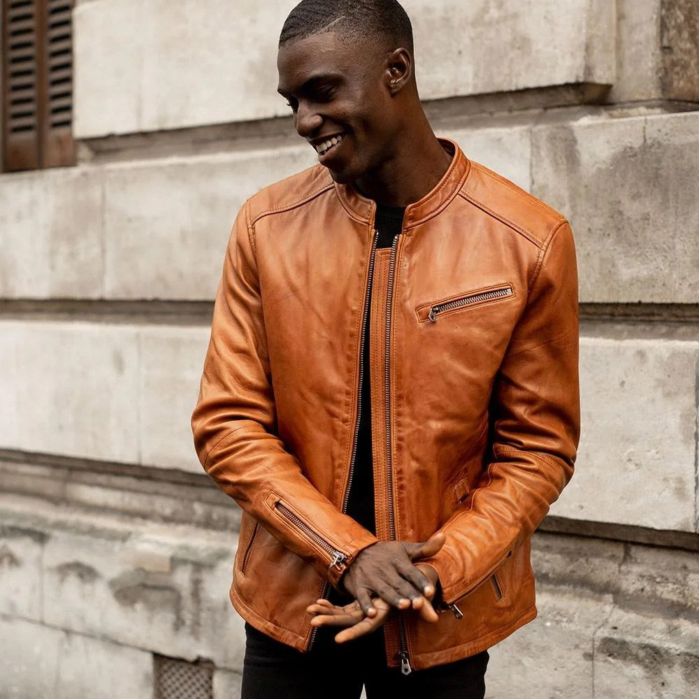 Burton Mandarin Collar Leather Jacket, Chestnut