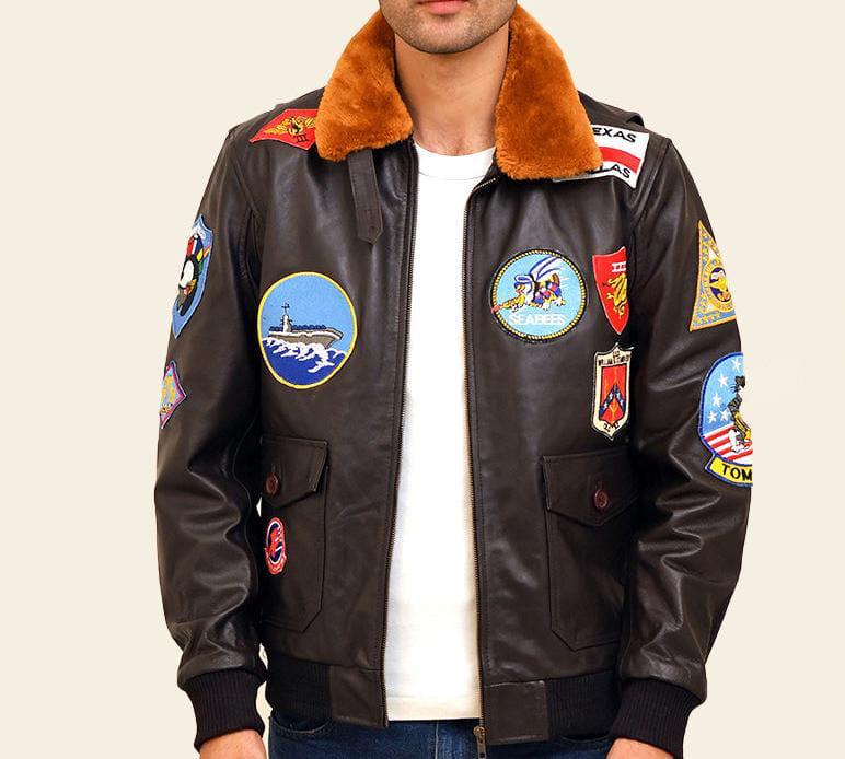 Jild Aviator Tom Multiple Patches Cruise Genuine Leather Jacket Men - G1 USAAF Pilot Fur Collar Maveric Bomber Leather Jacket