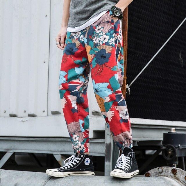 Casual Male Streetwear Harem Pants Men Joggers Elastic Waist Ankle-length Pant  Sweatpants Print Beach Pants Loose