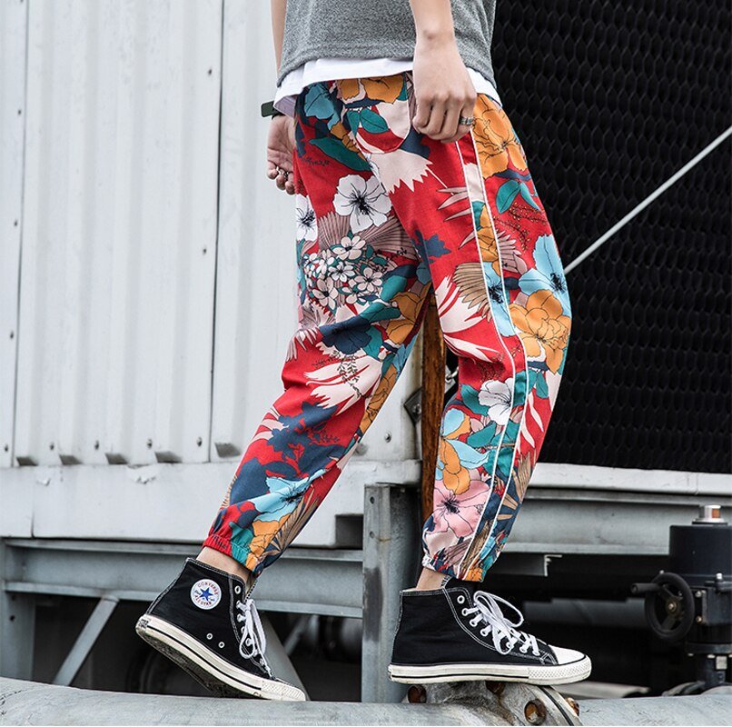 Casual Male Streetwear Harem Pants Men Joggers Elastic Waist Ankle-length Pant  Sweatpants Print Beach Pants Loose