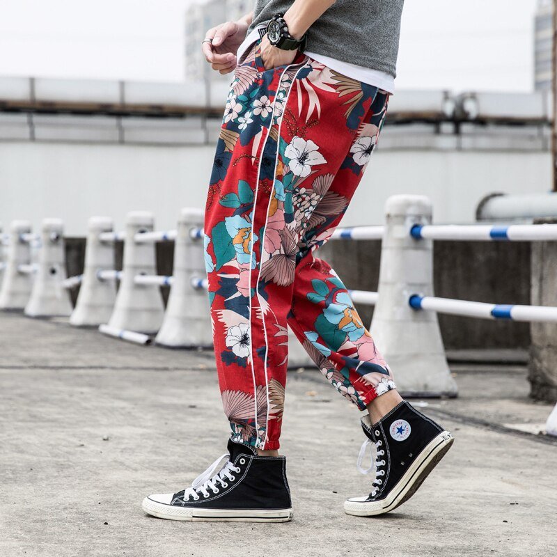 Casual Male Streetwear Harem Pants Men Joggers Elastic Waist Ankle-length Pant  Sweatpants Print Beach Pants Loose
