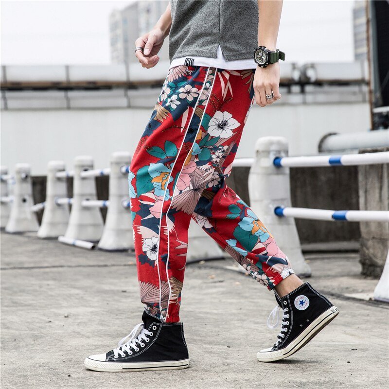 Casual Male Streetwear Harem Pants Men Joggers Elastic Waist Ankle-length Pant  Sweatpants Print Beach Pants Loose