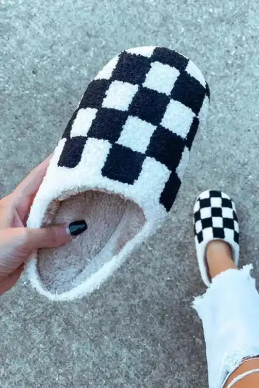Checkered Fuzzy Winter Slippers-0